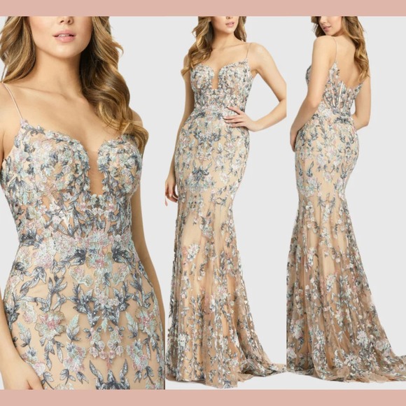 Mac Duggal Dresses & Skirts - NWT $798 Mac‎ Duggal [ 4 ] 79313 Embroidered Spaghetti Strap Trumpet Gown Nude